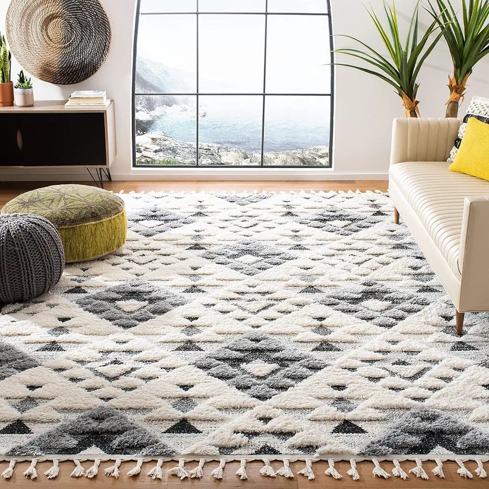 SAFAVIEH Moroccan Tassel Shag Square Rug 5'3", Soft Ivory & Grey MTS688F