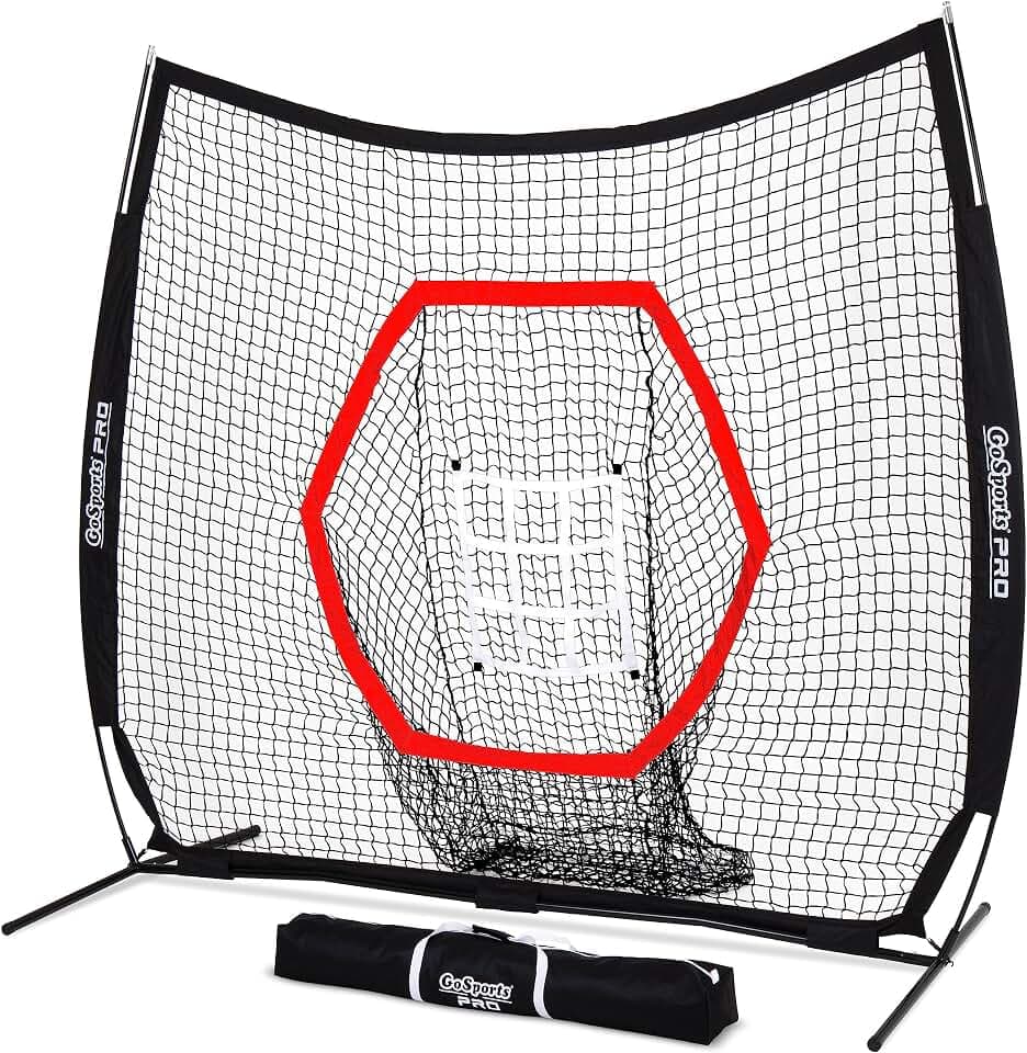 GoSports 7 ft x 7 ft Baseball & Softball Nets - Red, Black, Drip or PRO - Practice Hitting & Pitching Net with Bow Type Frame, Carry Bag and Strike Zone, Great for All Skill Levels