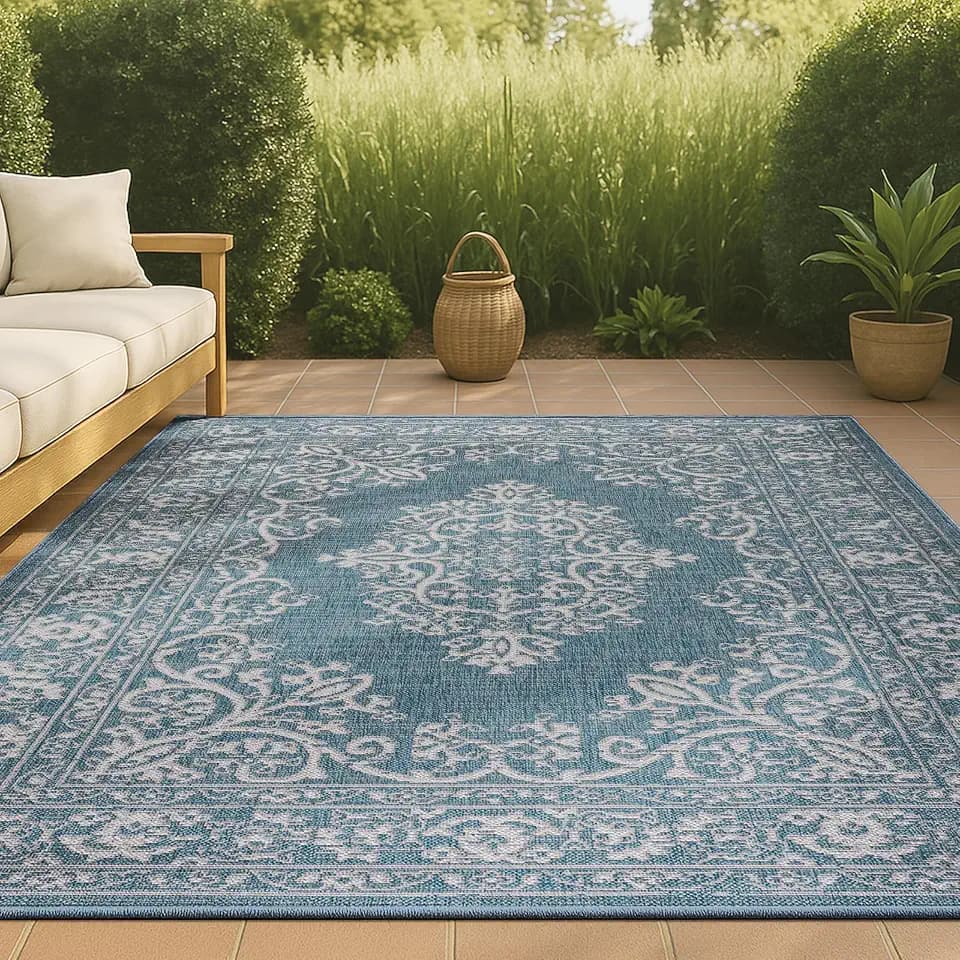 JONATHAN Y Filigree Indoor Outdoor Area Rug 5X8 Teal/Ivory, Galon for Backyard, Patio, Porch, Easy-Cleaning, High Traffic, Pet-Friendly, Non-Shedding (SMB120B-5)