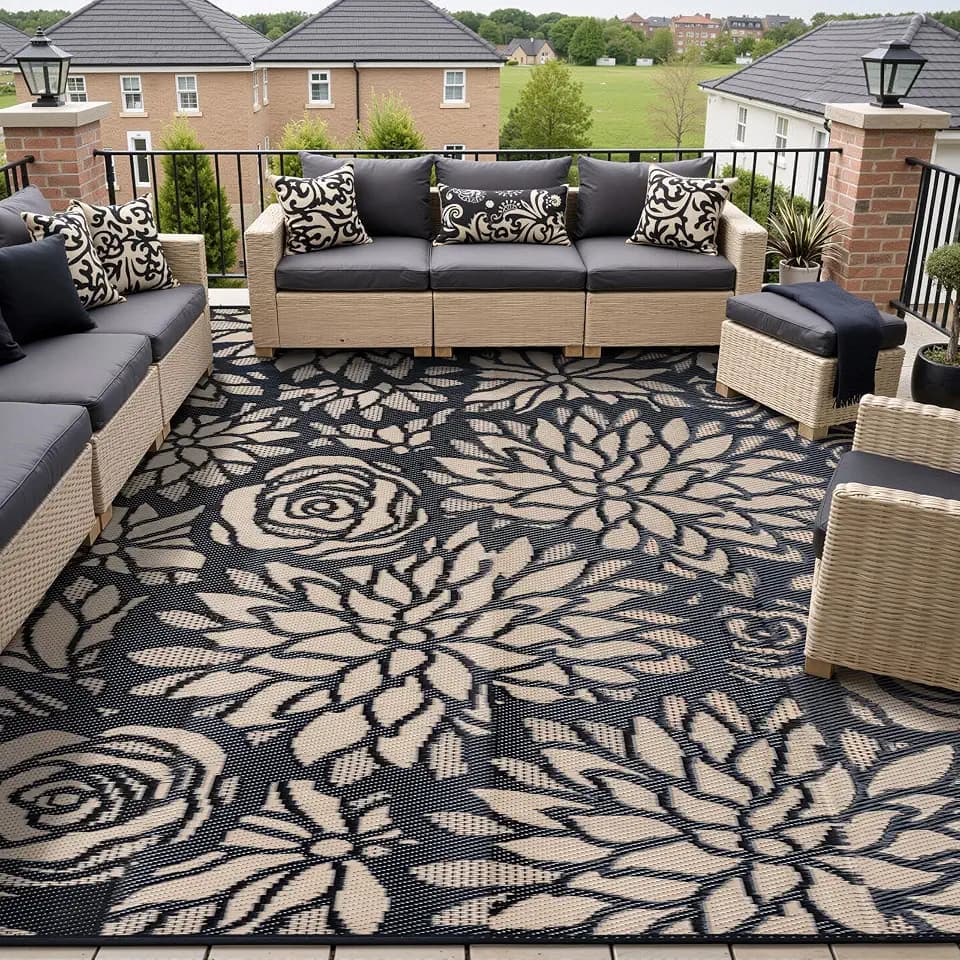 Outdoor Plastic Straw Rug Waterproof Patio 8x10 Black Brown Floral Mat for Porch Camping RV Balcony Deck Courtyard Reversible Lightweight Durable Portable Carpet