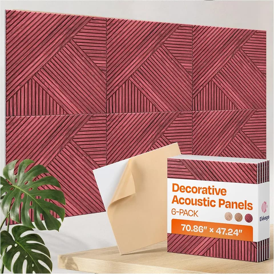 XL Acoustic Wall Panels 6-Pack Decorative Acoustic Panels High Density Sound Absorbing Wall Art 70.86X47.24 Inches with Self-adhesive for Studio Home and Office - Cherry Wood Finish