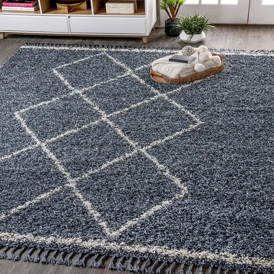 JONATHAN Y Mercer Shag Plush Tassel Denim Blue/Cream Indoor Area Rug, 4x6, Moroccan Geometric Trellis, Bohemian, Easy-Cleaning for Living Room, Bedroom, Kitchen, Non-Shedding (MCR103A-4)