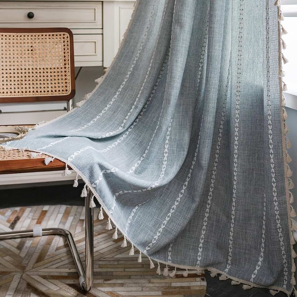 Sutuo Home Boho Curtain for Bedroom Living Room Kitchen, Semi Blackout Linen Farmhouse Shabby Chic Tassels Window Treatment Bohemian Embroidery Drape, Rod Pocket 1 Panel 52" W x 84" L, Greyish Blue