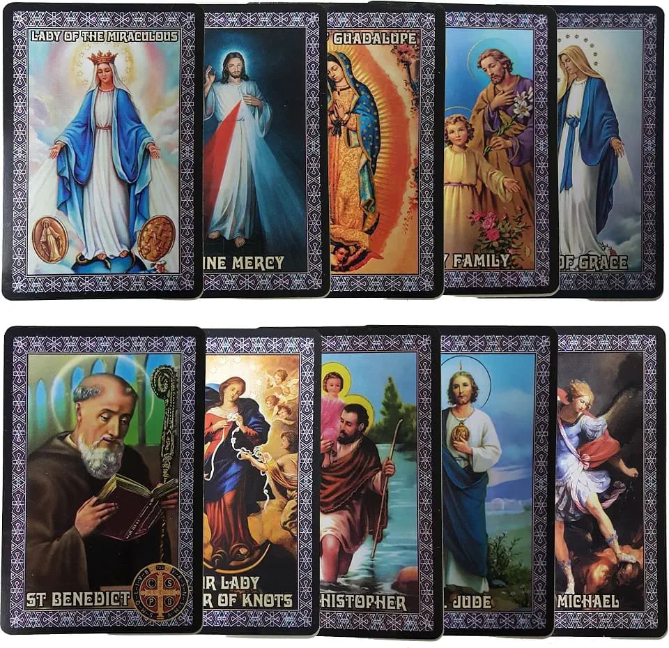 Catholic Set - 10 Holy Prayer Cards, New Plastic: Benedict, Jude, Michael, Christopher, Holy Family, Guadalupe, Miraculous, Grace, Undoer of Knots, Divine Mercy