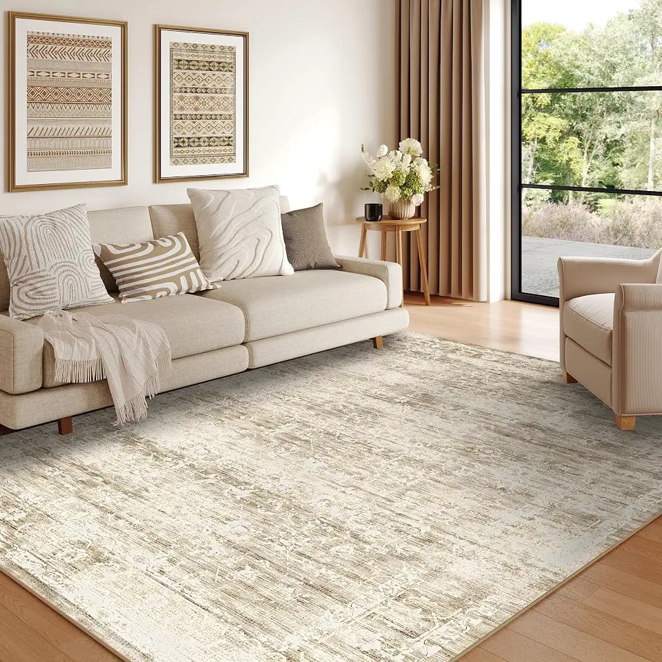 5x7 Beige Washable Area Rugs for Living Room, Neutral Boho Carpet