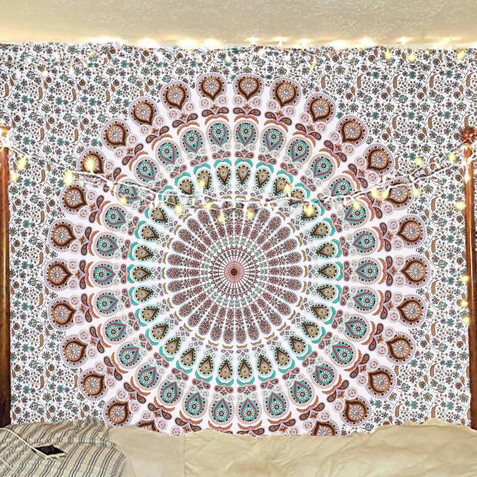 Bless International Indischer Hippie Bohemian Psychedelic Peacock Mandala Wandbehang Bettwäsche Tapisserie (Floral Gold, Queen (213x288Inches) (215x230Cms))
