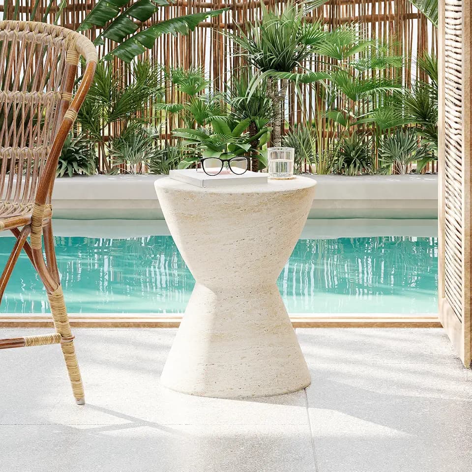 Christopher Knight Home Outdoor Side Table,Hourglass Shape Side Table,Patio Garden Stool Coffee End Table,Decorative Garden Stool for Patio,or Balcony,Lightweight Concrete Material,Travertine
