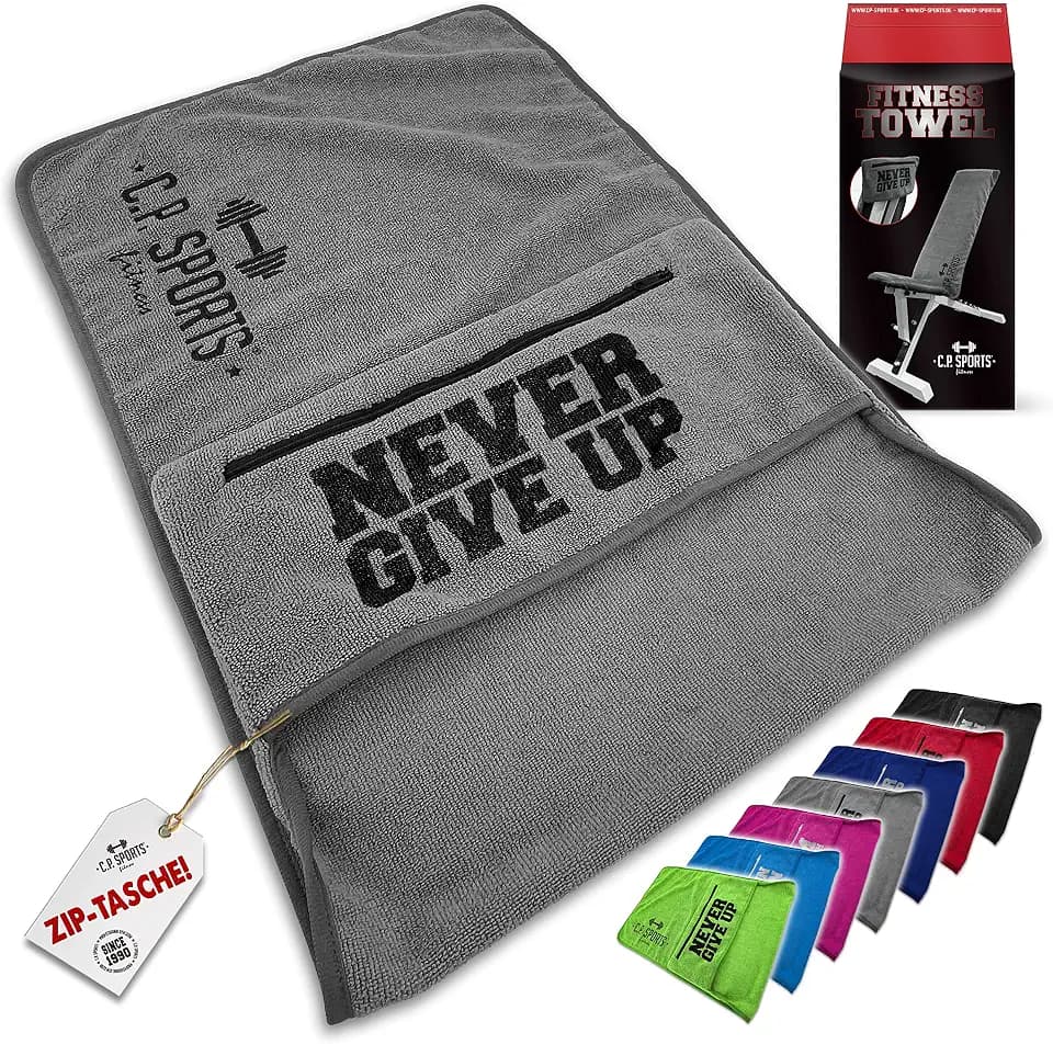 C.P. Sports Fitness Handtuch Towel Mikrofaser | Fixierung + Tasche mit Reißverschluss | Fitnessstudio Gym Training Sport | extra weich, waschbar, lang & groß | für Frauen & Männer | 5 Farben