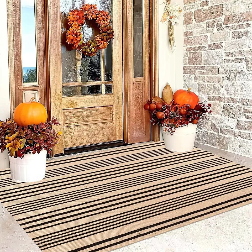 Fall Outdoor Rug 3'x5'Tan Striped Layering Rug Farmhouse Front Porch Rug