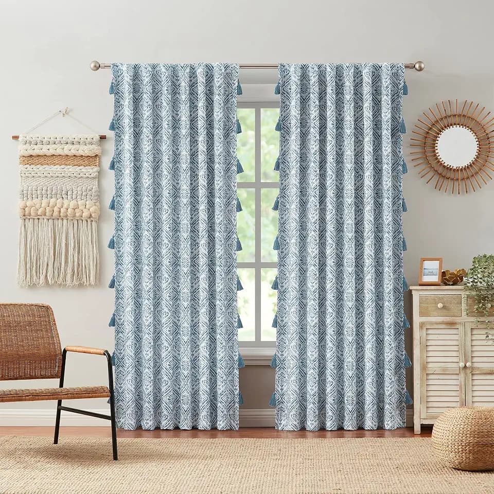 Indigo Ink - Curtain, Blackout Curtain Panel, Window Treatment with Rod Pocket Top, Damask Printed with Tassels, Boho Home Decor (Adalet Blue, 52" x 84")