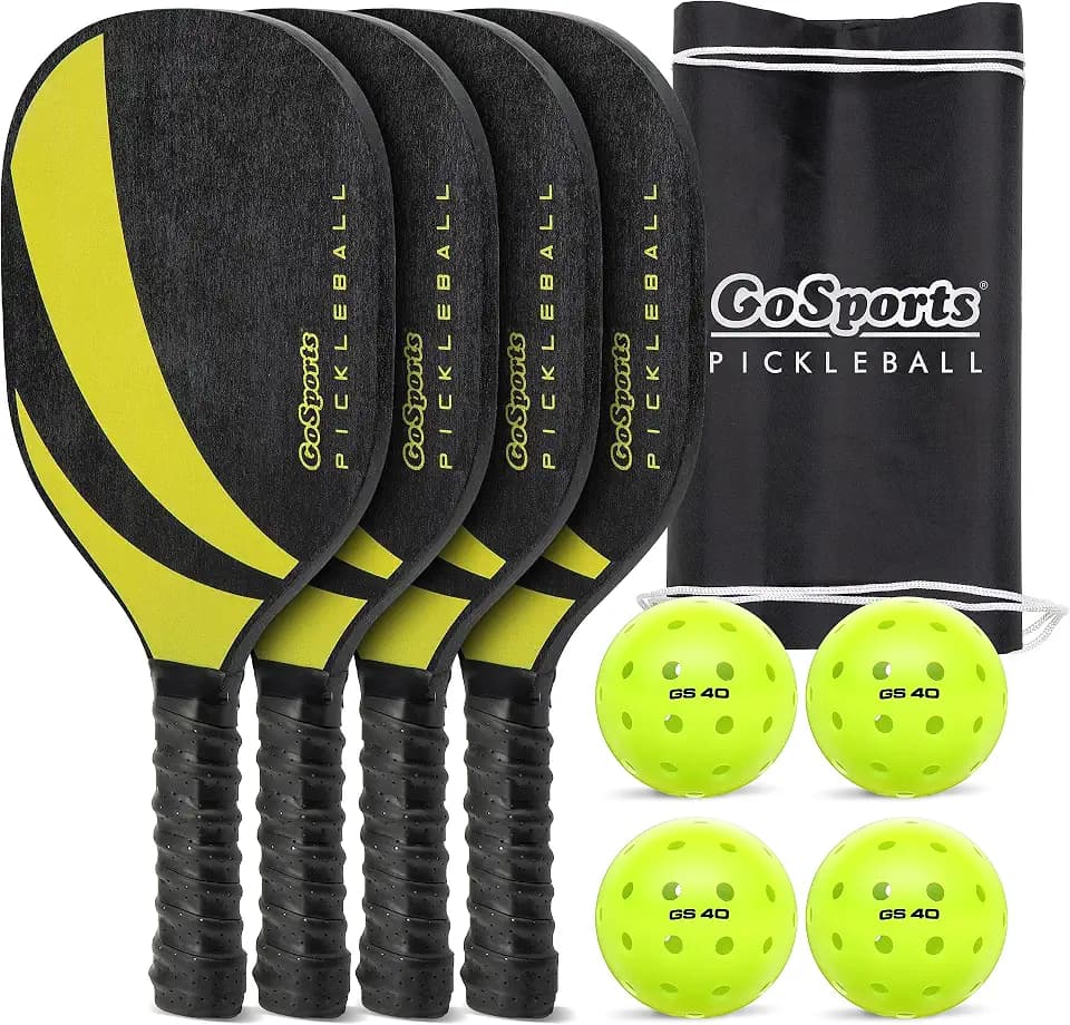 GoSports Pickleball Sets - Classic, Retro, Steel Blue, or Yellow - Includes 4 Paddles, 4 Regulation Pickleballs and Carry Case