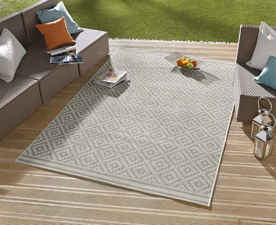 NORTHRUGS In- und Outdoor Teppich Raute 160x230cm - Wetterfest Modern Geometrisches Raute Muster Design Läufer für Balkon Terrasse Garten Wintergarten Wohnzimmerteppich Wasserfest in Grau Creme