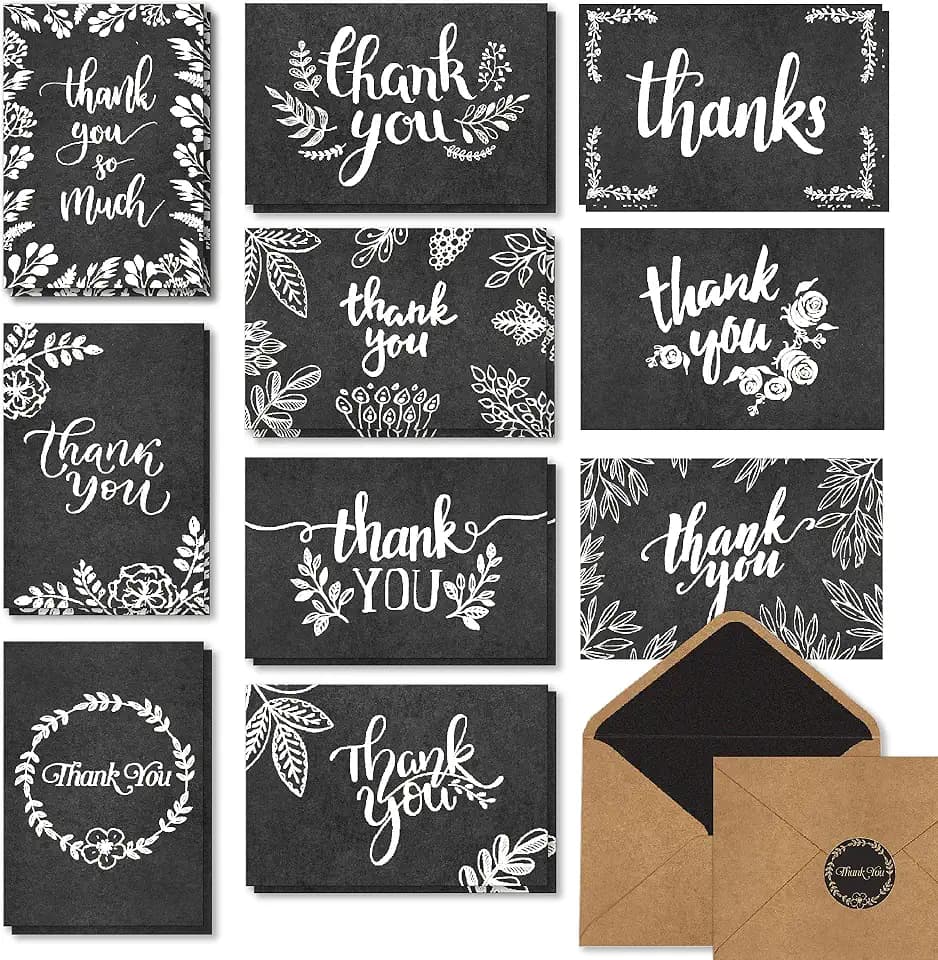 120 Thank You Cards with Kraft Envelopes, 10 Chalkboard Designs, 4x6