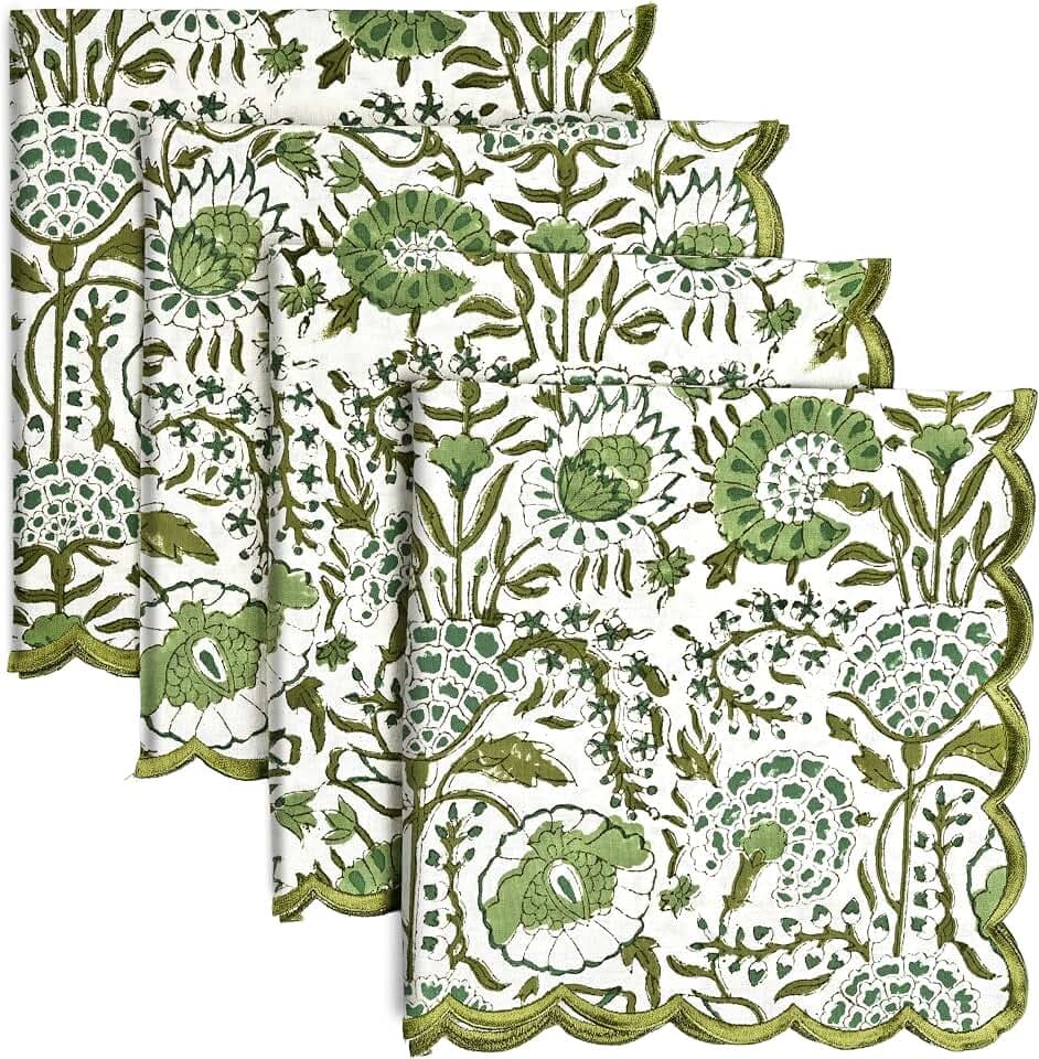 CPC Agate Green Block Print Cotton Embroidery Napkin 18x18 (Pack of 4)