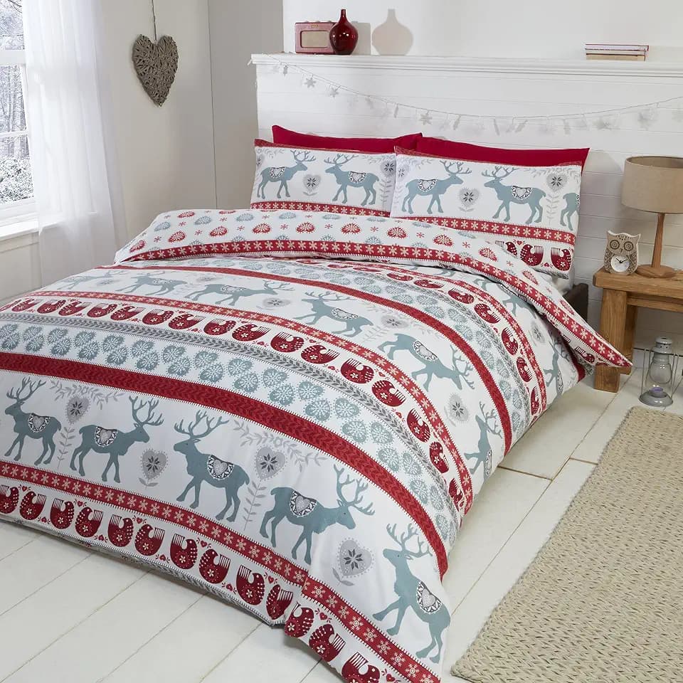 Scandi 100% gebürsteter Baumwolle Feinbiber Bettwäsche Quilt Bettbezug und 2 Kissenbezüge Bett-Set, Rot/Mehrfarbig, Super King