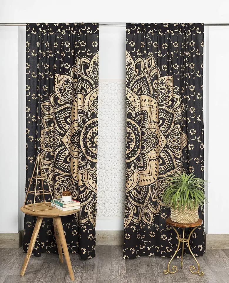 Popular Handicrafts Mandala-Vorhang, indischer Hippie-Stil, Boho-Stil, Ombré-Stil, Schwarz/Gold