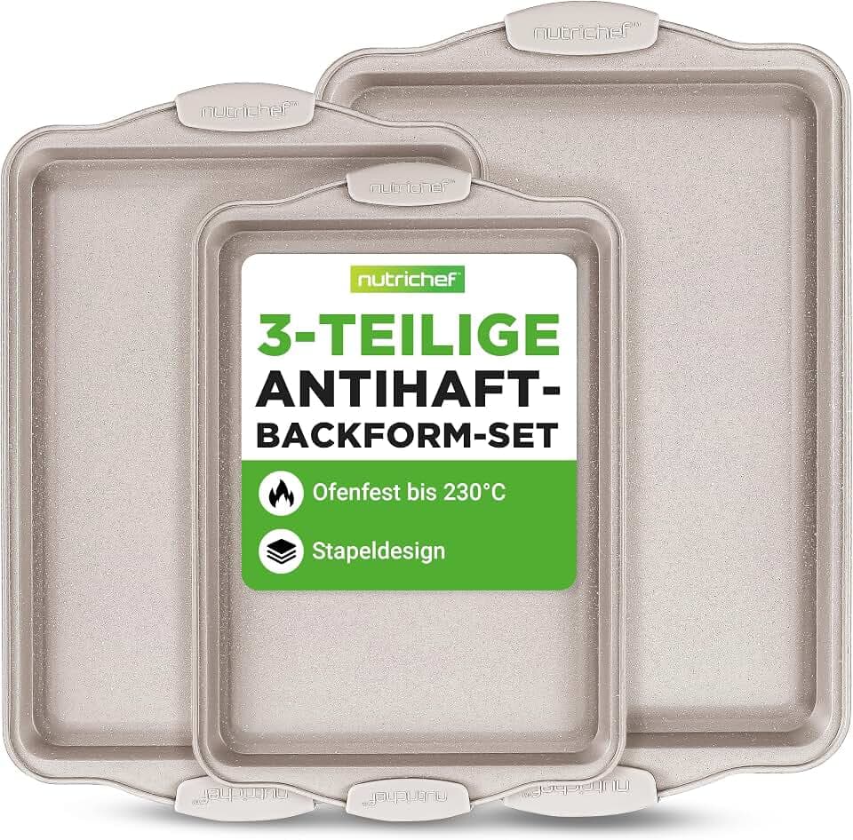 NutriChef Backblech, Backofenblech 3 Stück, Kuchenblech, Baking Tray aus Karbonstahl mit Silikongriffen, Ofenbleche für Backofen Antihaft & Stappelbar, 30x43,6cm, 26,6x38,8cm & 22,9x30,5 cm, Weiß