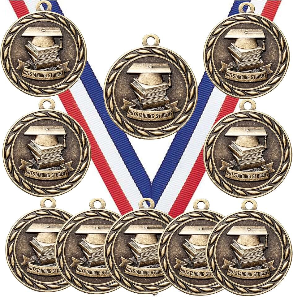 Express Medals Pack of 10 (or More) 2 Inch Gold Outstanding Student Award Medals Variations with or Without Engraving Personalization Engraved Custom Text Names