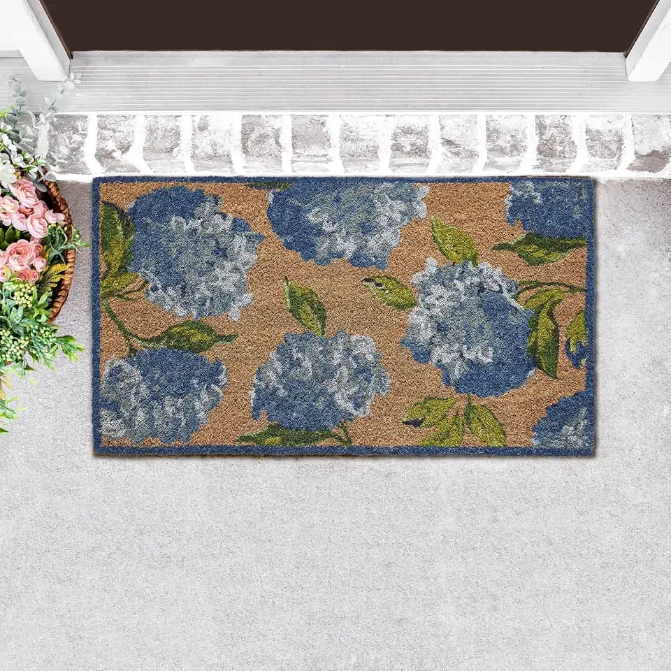 Laura Ashley Slip Resistant Hydrangea Blue Allover Floral Design Coir Doormat - 17.5" x 30" - Natural Fiber Mat for Entryway