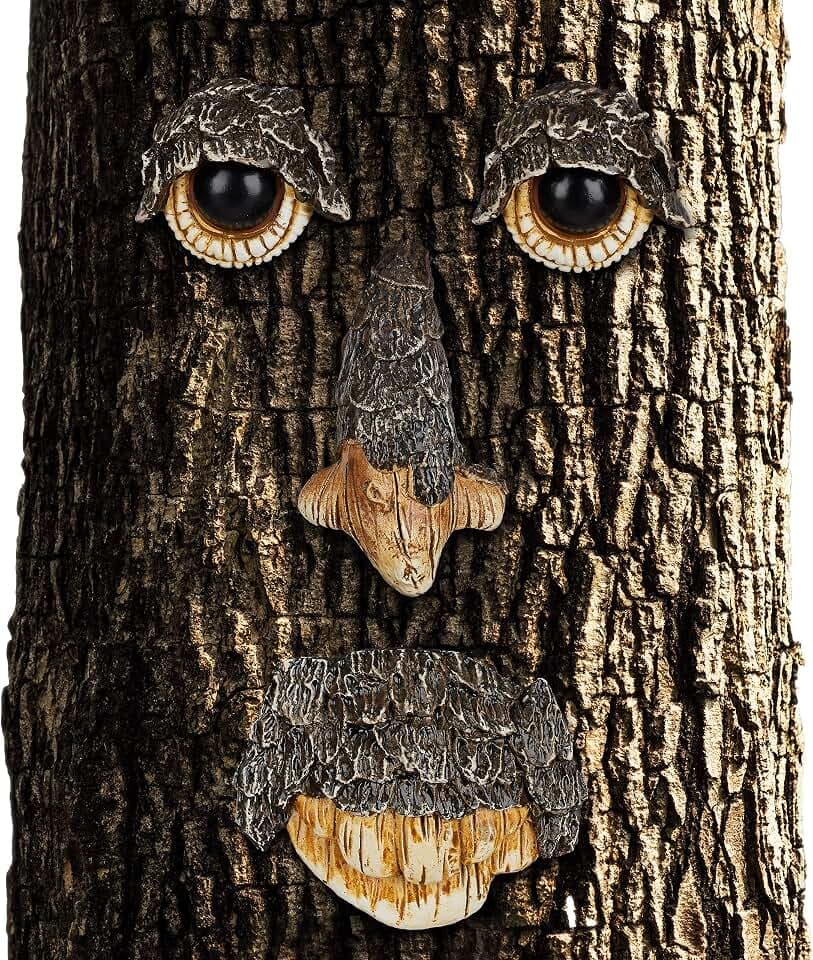 Relaxdays Baumgesicht Naturgeist, 4-teilig, Baumstamm Deko, wetterfest, Baumdeko zum Hängen, Gartendeko, braun/beige, 8.5 x 11 x 3 cm