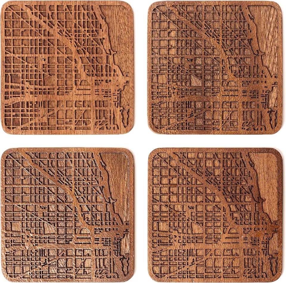 Chicago Map Coaster by O3 Design Studio, Set Of 4, Sapele Wooden Coaster With City Map, Handmade