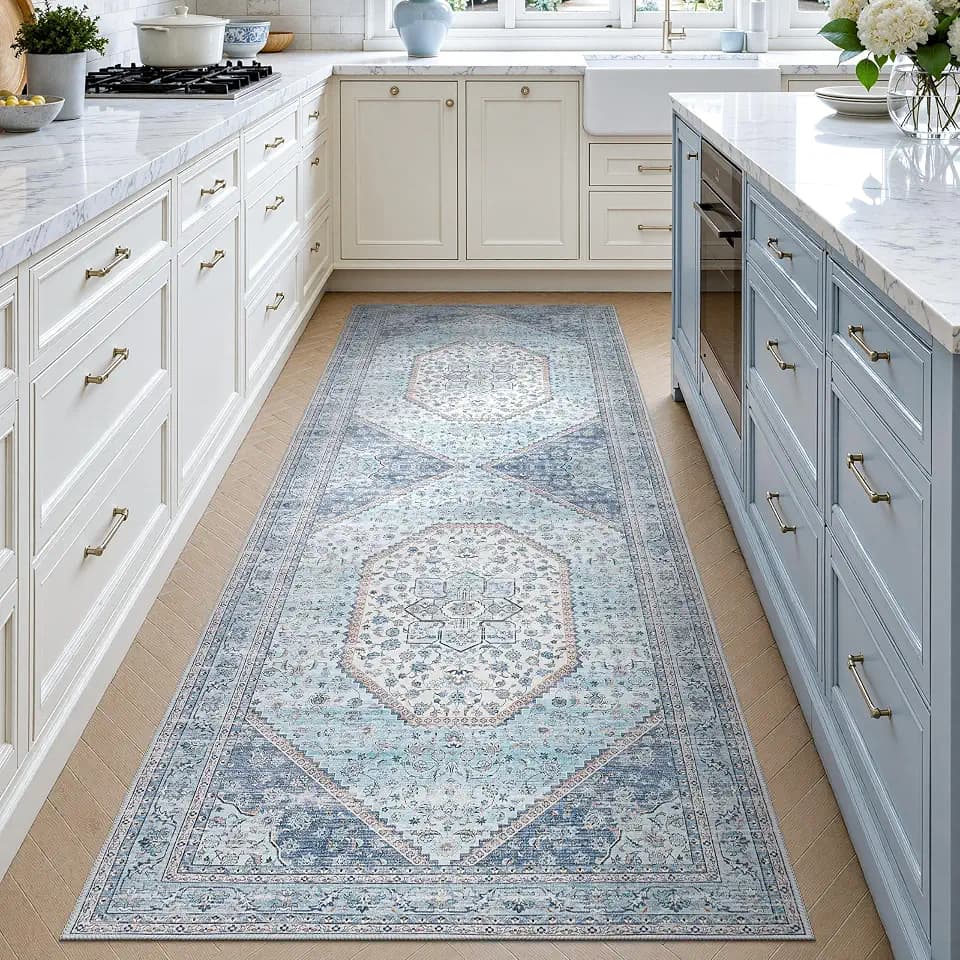 DCX 2x6 Washable Area Rug for Runner, Non Slip Low Pile Rug, Blue