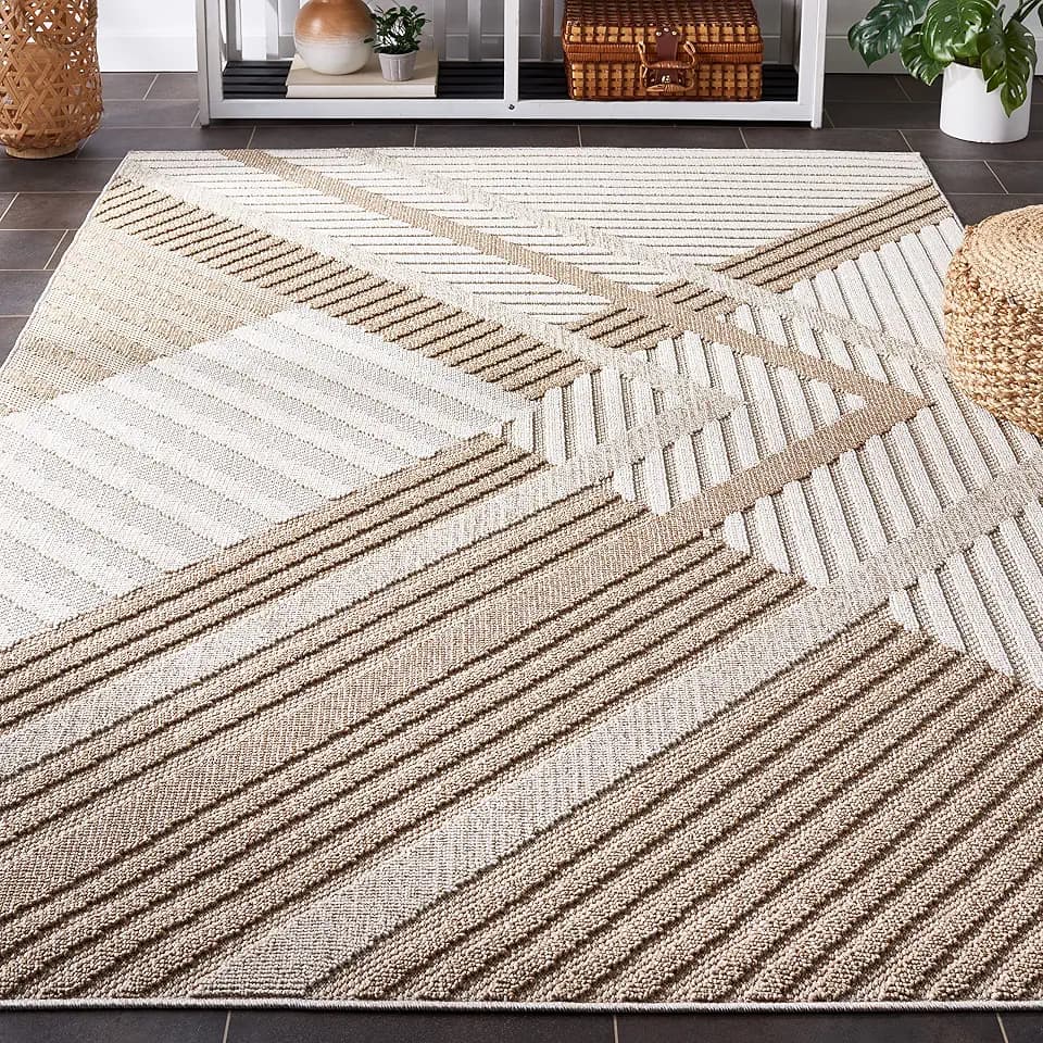 SAFAVIEH Washable Rug Outdoor Global Collection - 4' Square, Beige & Light Beige, Non-Shedding & Easy to Clean, Ideal for Patio, Backyard, Mudroom (GLB220B)