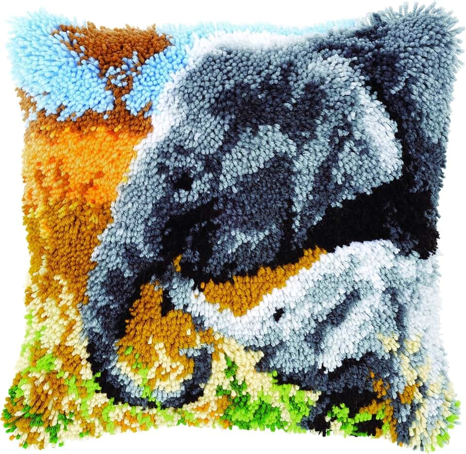 VERVACO Knüpfkissen Set Deko Kissenbezug Knüpfset für Anfänger Elefant MIT Baby Basteln Erwachsene Kreativ DIY Handarbeit Kissen zum Selber Knüpfe 40 x 40 cm Latch Hook Kit Knüpfhaken Set Kissen