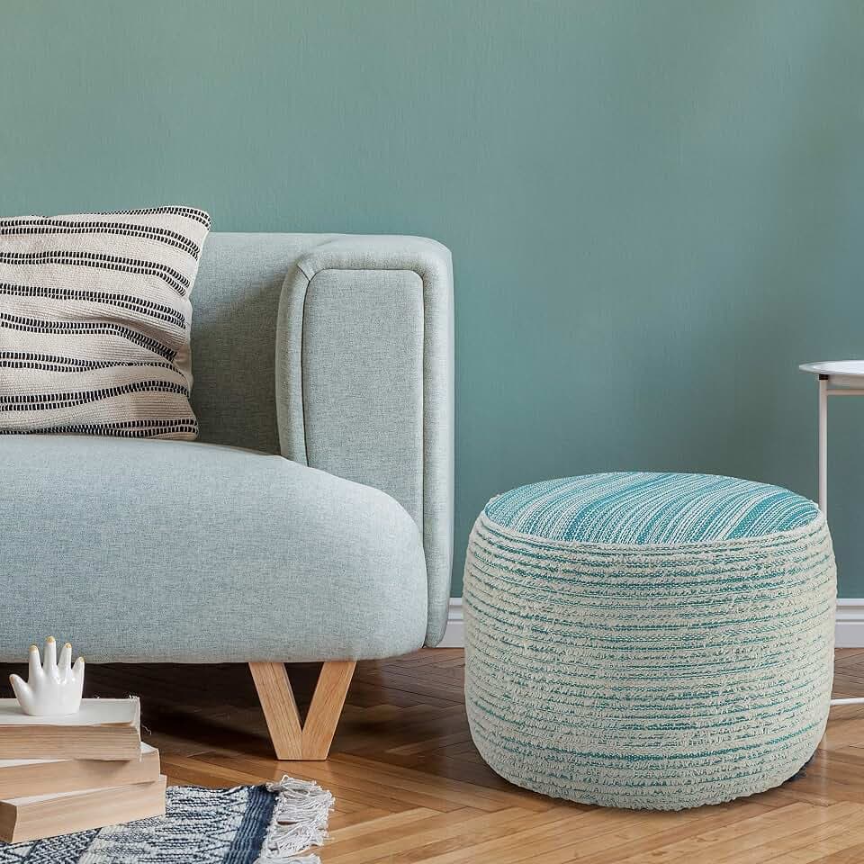 LR Home Indoor Polyester Modern Striped Ottoman Pouf | Aqua/White,18" x 18" x 14"