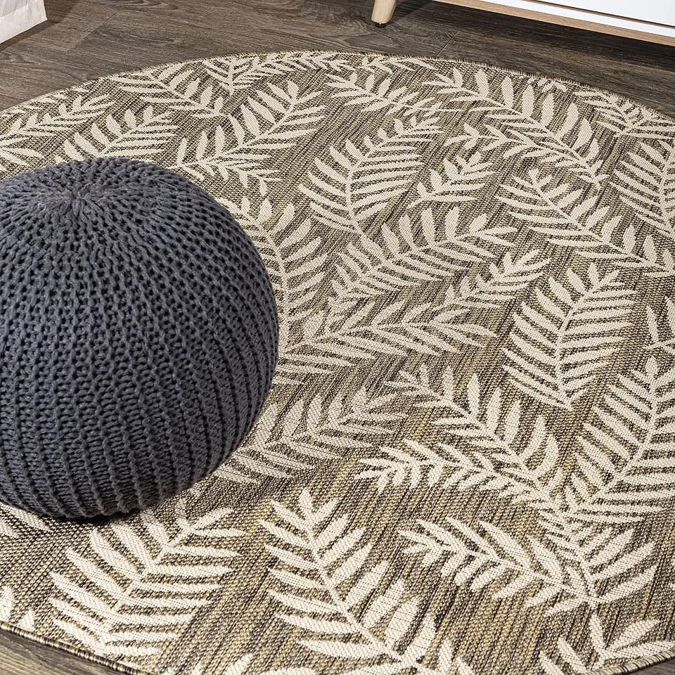 JONATHAN Y Palm Frond Indoor Outdoor Round Area Rug 4 Ft Brown/Beige, Nevis for Backyard, Patio, Porch, Easy-Cleaning, High Traffic, Pet-Friendly, Non-Shedding (SMB119A-4R)