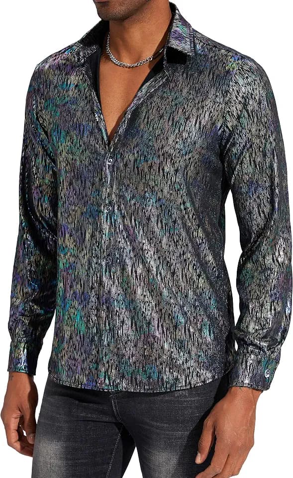 Mens 70s 60s Disco Shirt Metallic Party Costume Long Sleeve Button Down Shirts