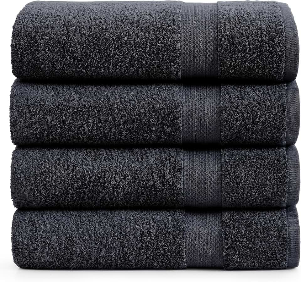 LANE LINEN Bath Towel Set Absorbent Quick Dry 100% Cotton 4 Piece - Black