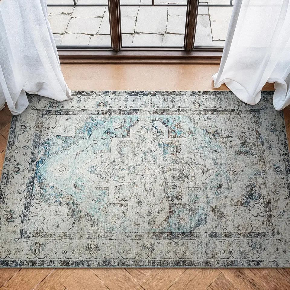 Bloom Rugs Washable Non-Slip 3' x 5' Rug - Beige/Blue Traditional Area Rug for Living Room, Bedroom, Dining Room, and Kitchen - Exact Size: 3' x 5'