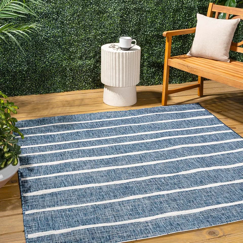 JONATHAN Y Berber Stripe Indoor Outdoor Square Area Rug 5X5 Blue/Ivory, Colonia for Backyard, Patio, Porch, Easy-Cleaning, High Traffic, Pet-Friendly, Non-Shedding (SMB125C-5SQ)