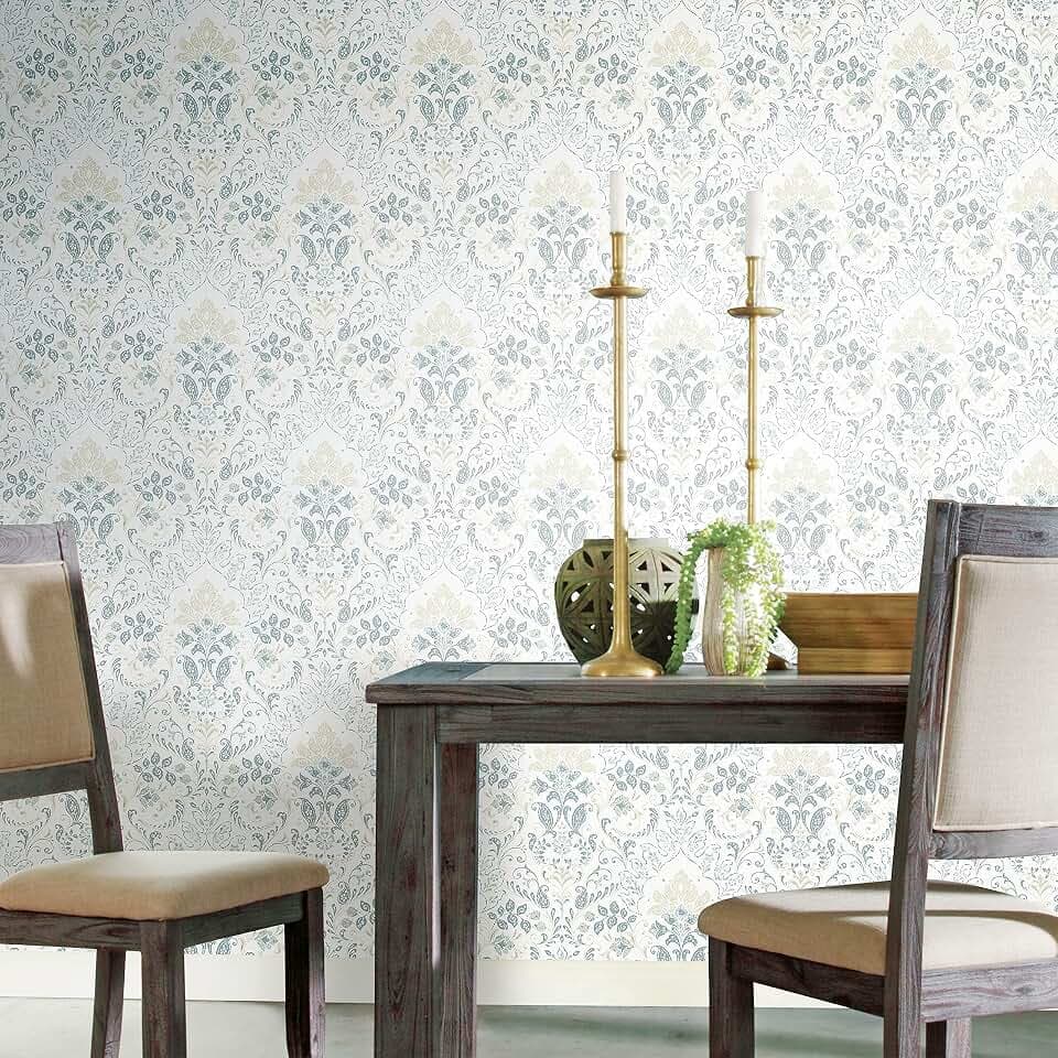 RoomMates White and Blue Persian Damask Peel and Stick Wallpaper