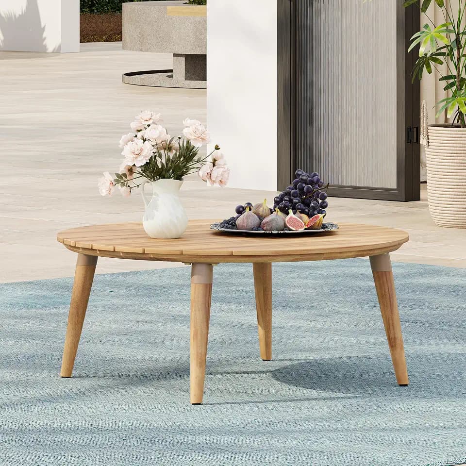 Christopher Knight Home Lalina Outdoor Coffee Table, Acacia Wood Accent Table with Slatted Panel Design, Round Patio Table for Garden Porch Balcony, Low Maintenance Outdoor Furniture, Natural