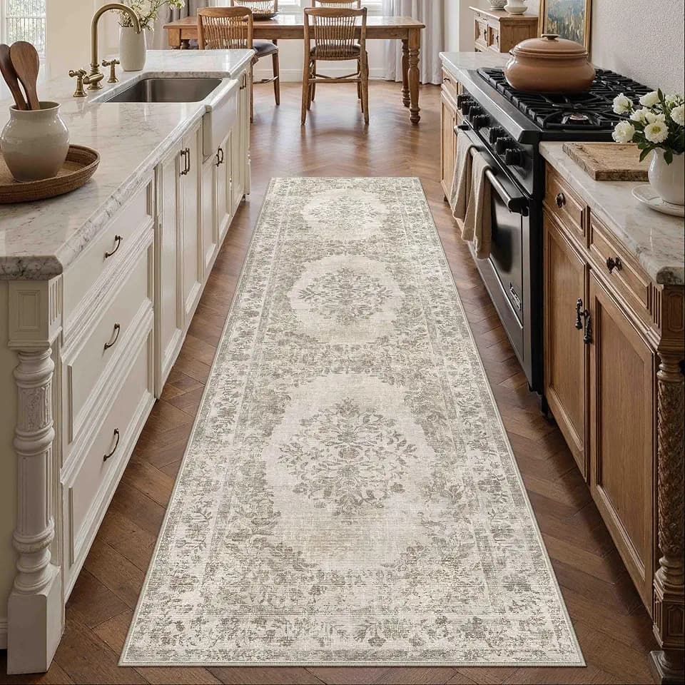 PureCozy 2x8 Washable Runner Rug Kitchen Cream Beige Vintage Long Carpet