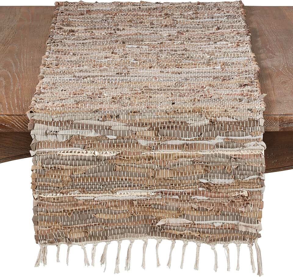 SARO LIFESTYLE Leather Chindi Table Runner, Natural, 16" x 72"