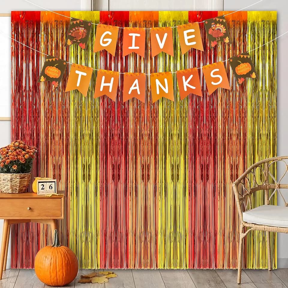 3 Pack Thanksgiving Foil Curtains, Thanksgiving Friendsgiving Party Decorations Photo Backdrop with GIVE THANKS Banner,3.3 x 6.6FT Red Orange Yellow Tinsel Curtains Fall Streamers Decor Indoor