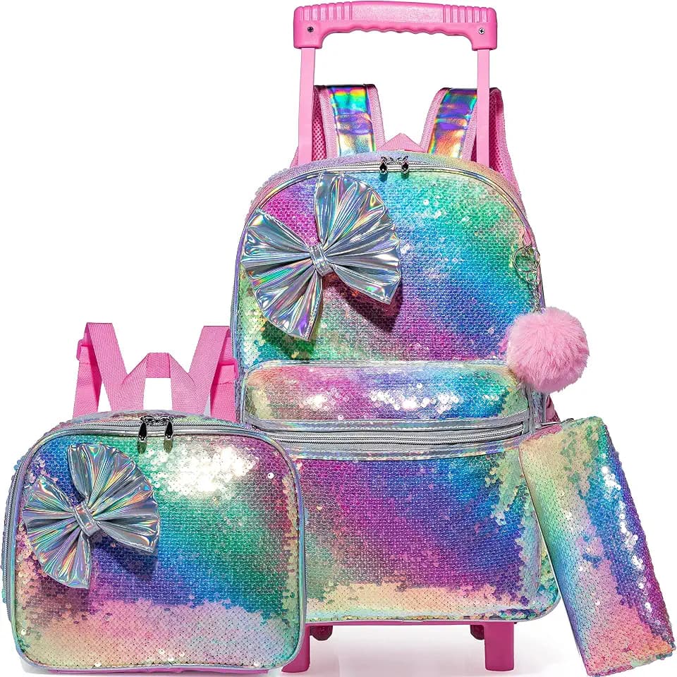 Bowknot Rolling Backpack for Girls Roller Backpacks with Wheels Kids Wheeled Sequin Suitcase Trolley Trip Luggage for Elementary Kindergarten Student with Lunch Box Pencil Case for Kids 5-12 Years Old