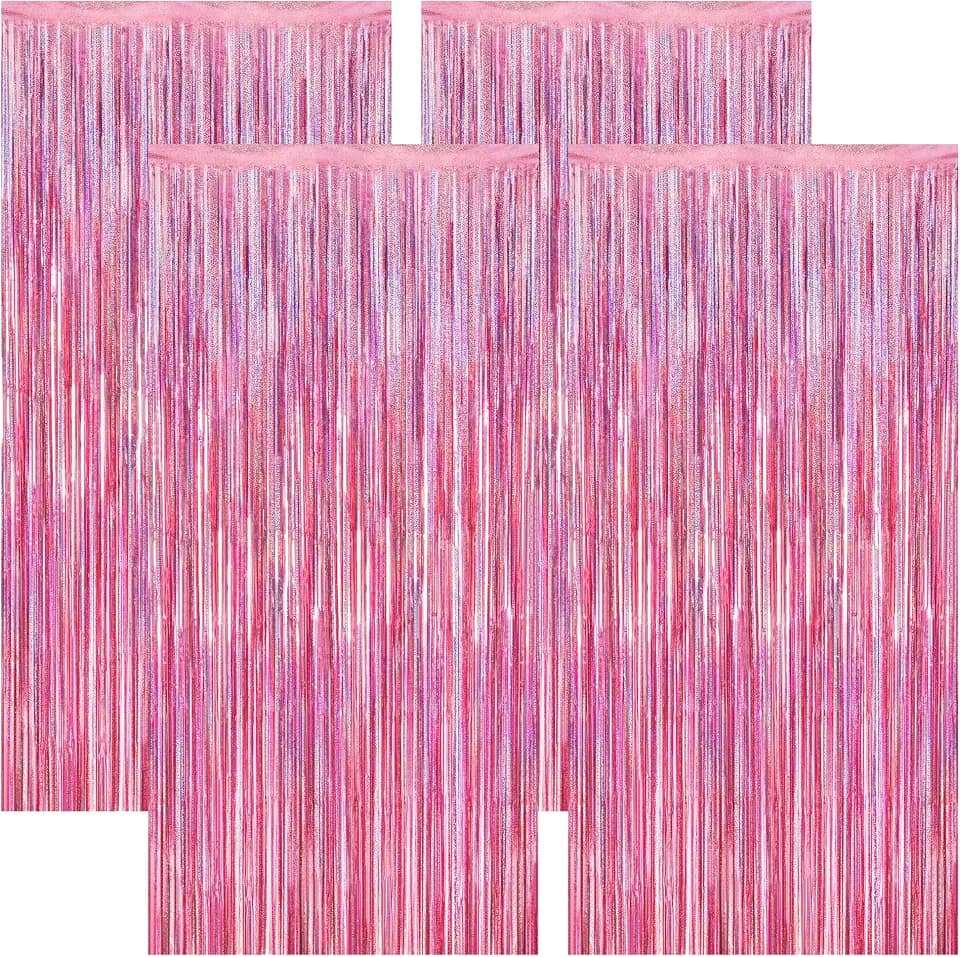 4 Pack Pink Backdrop, 3.28 FT x7.05 FT Foil Fringe Curtains, Metallic Glitter Pink Streamer Fringe Backdrop Foil Curtains, Laser Pink Birthday Party Valentines Day Decorations Bachelorette Decor