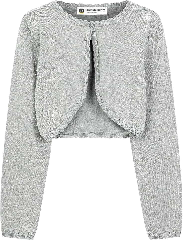 BlackButterfly Mädchen Glitzer Bolero | Bolerojäckchen, Offene Front, Langarm, Wellenkante, Ein Knopf, Weich & Dehnbar, Metallicfaden, 3-14 Jahre