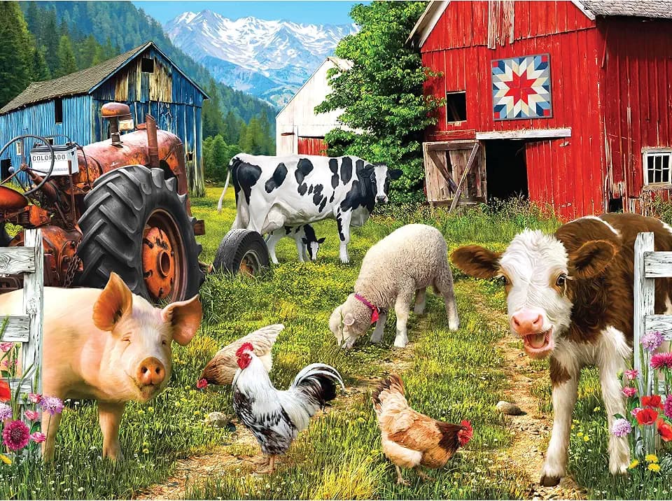 Happy Farm Day 750 Piece Jigsaw Puzzle for Adults by Sharon Steele – 27x20 Inch Whimsical Farm Animal Scene – Challenging Country Farmhouse Puzzle – Fun, Difficult Gift Idea for Puzzle Lovers