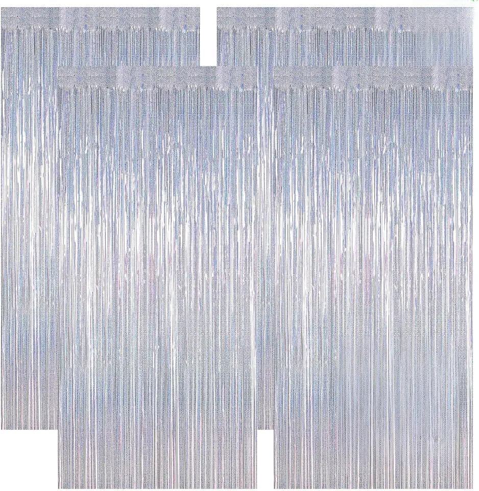 ZATAYE 4 Pack Glitter Silver New Years Eve Foil Curtain Decorations