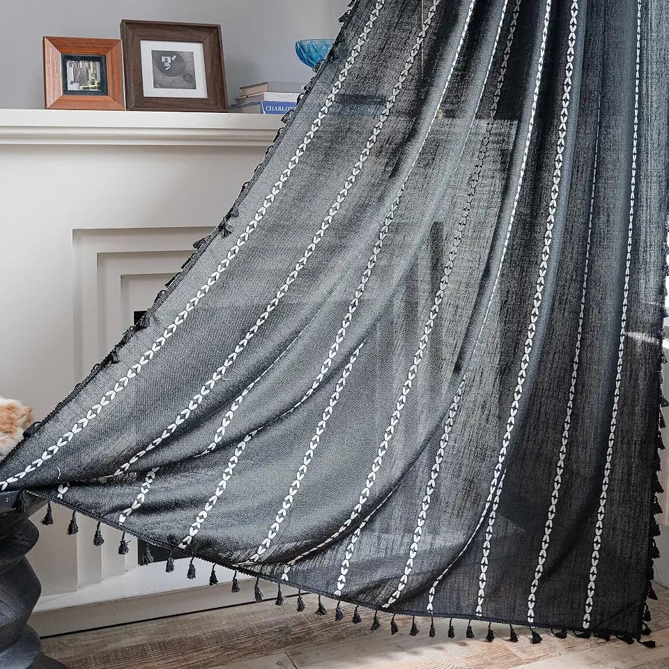 Sutuo Home Boho Curtain for Bedroom, Semi Blackout Linen Farmhouse Shabby Chic Tassels Window Treatment Bohemian Embroidery Drape for Halloween Decor, Rod Pocket 1 Panel 52" W x 84" L, Black