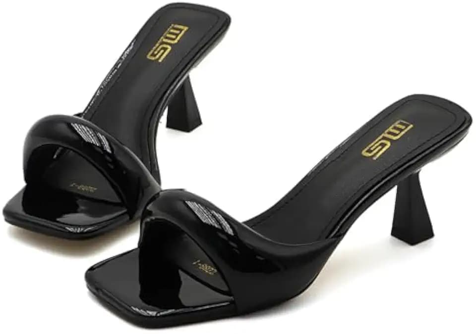 Women's Leather One Band Square Open Toe Stiletto Slide Sandals Fashion Slip-On Sexy Kitten Heel Mule Sandals Wedding Party Evening Prom Dance Backless Dress Slipper Pump Shoes