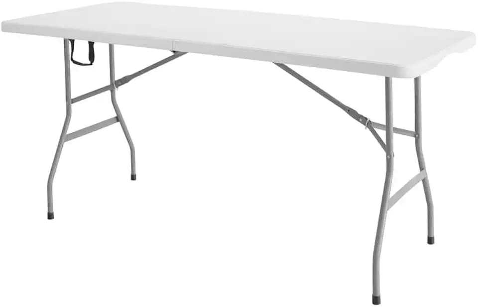 Romig Trestle 5 ft Folding Table, Blow Mold Plastic Top, Fold-in-Half with Carry Handle, Heavy-Duty Steel Frame, 60 x 29 x 29, White