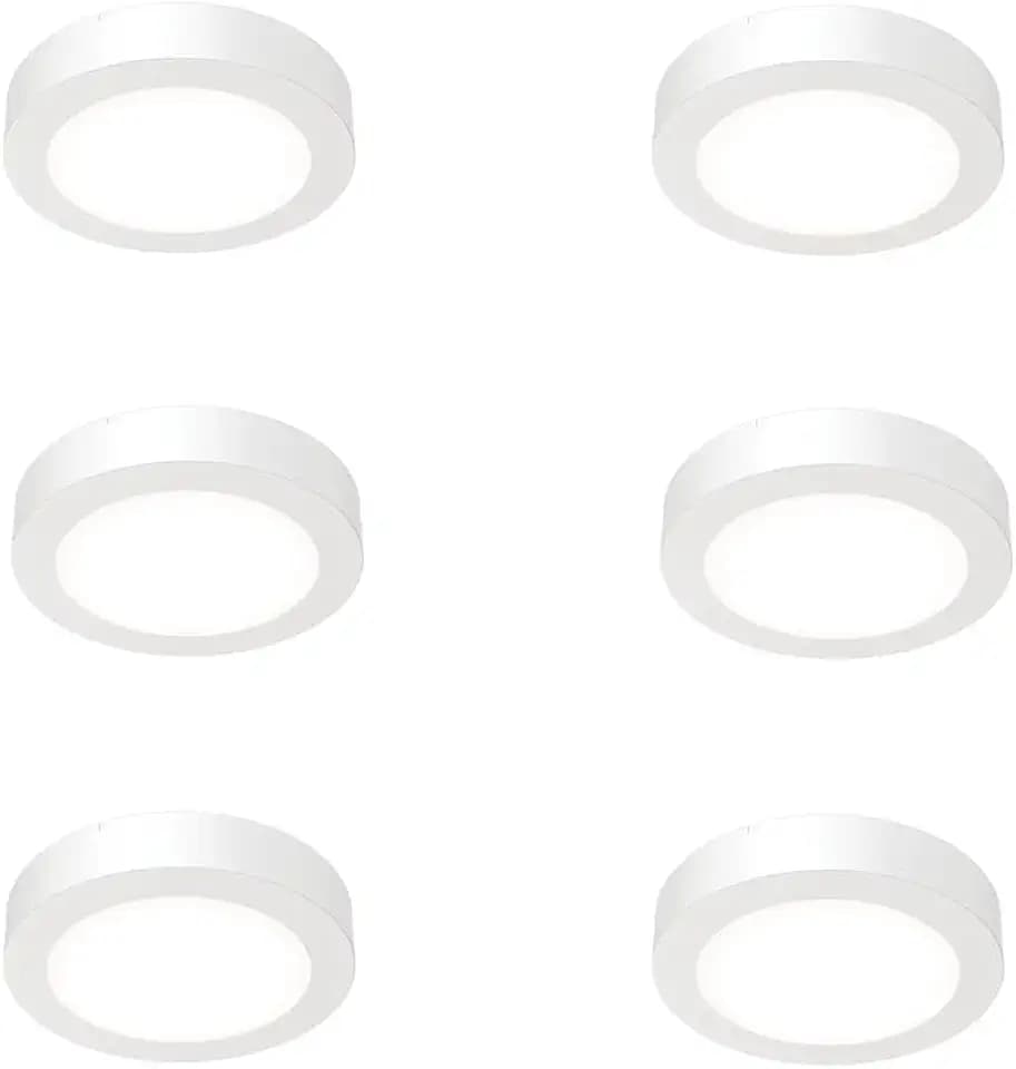 Juno Slim Basics 4 Inch LED Ceiling Light, Low Profile Surface Mount Downlight for Shower or Closet Lighting, 3000K/4000K/5000K Selectable White Light, Edged Trim, Wet Rated, Matte White, 6 Pack