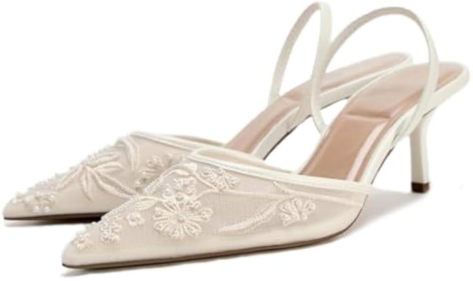Lymphvity Women's Mesh Embroidered Slingback Heels with Bead Elegant Backless Kitten Heels Pointed Toe Wedding Bridal Dress Pumps Shoes