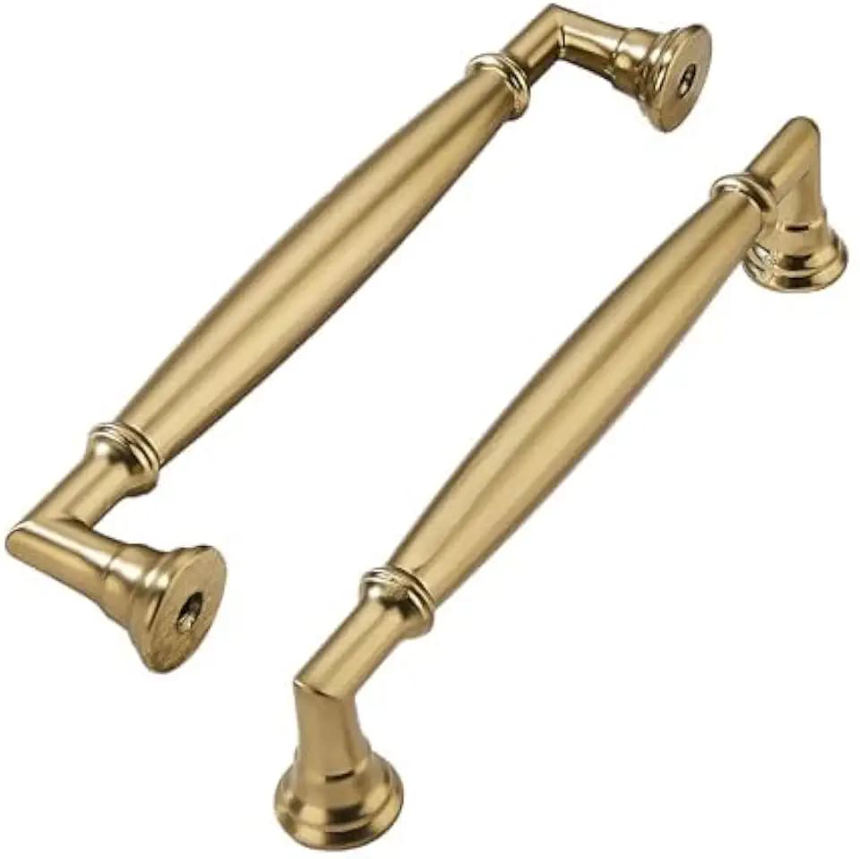 khtumeware 5 Pack 5 Inch(128mm) Brushed Brass Cabinet Pulls Heavy Duty Solid Warm Brass Cabinet Handles Kitchen Brushed Gold Cabinet Hardware for Cupboard Drawer Handles